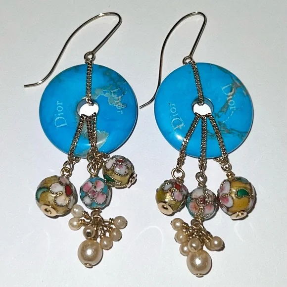 AUTH VTG 2006 Christian Dior Gold Hook Drop Dangle Blue Gemstone Boho Earrings - Picture 3 of 11